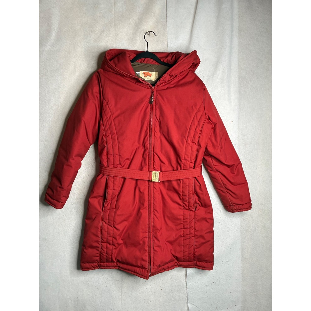 Vintage Comfy Goose Down Red Hooded Belted Parka Jacket Raven Operation USA